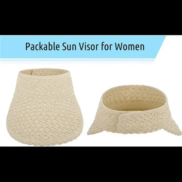 Women's Wide Brim Sun Hats Roll-up Foldable Straw Golf Visor Hat - Picture 5 of 6